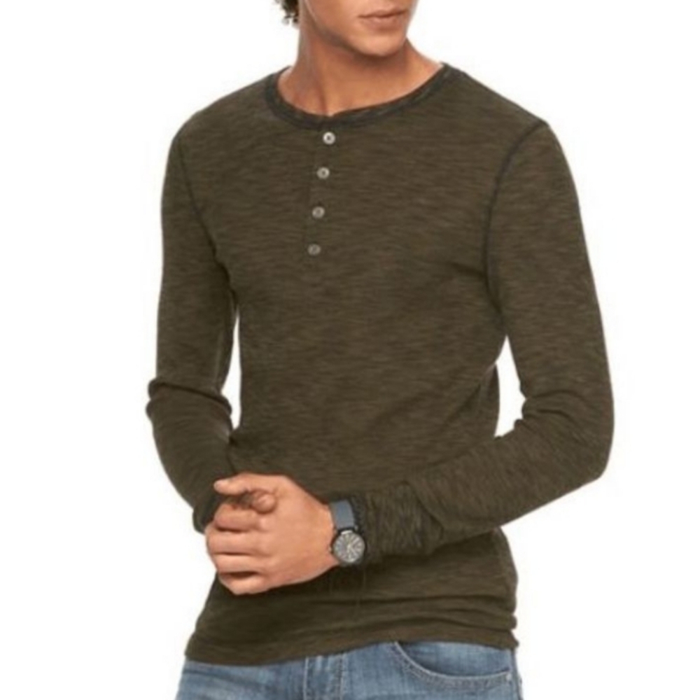 Rock & Republic Shirt Mens Large Green Henley Thermal Long Sleeve Tee